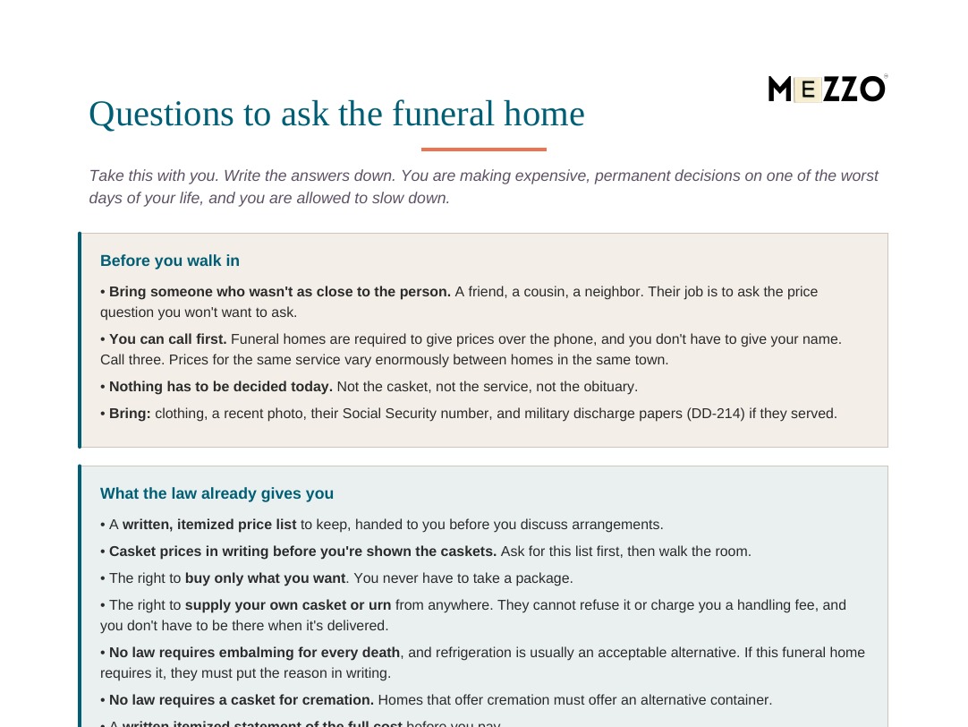 First-page preview: Questions to ask the funeral home
