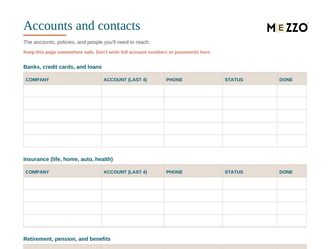 First-page preview: Accounts and contacts tracker