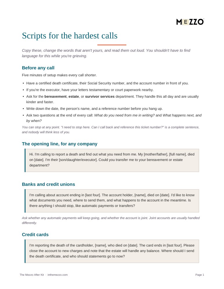 A page of scripts for phone calls