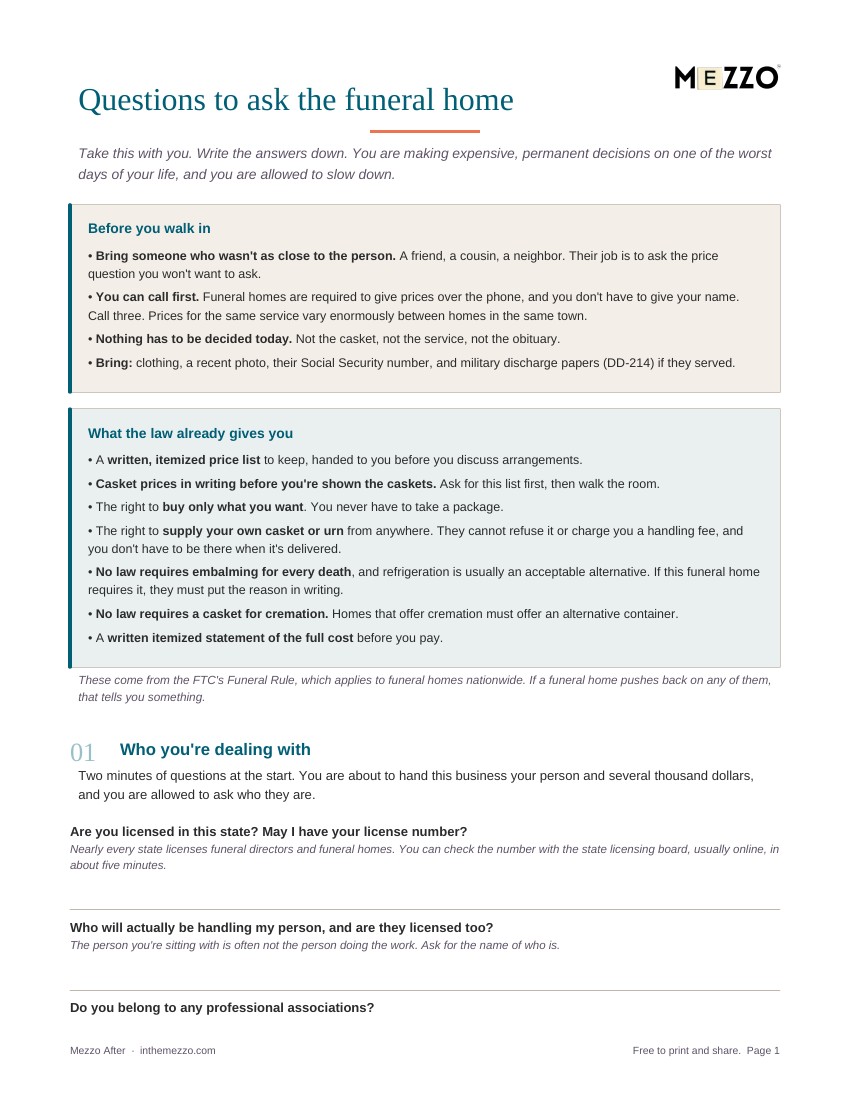 A page of questions for the funeral home