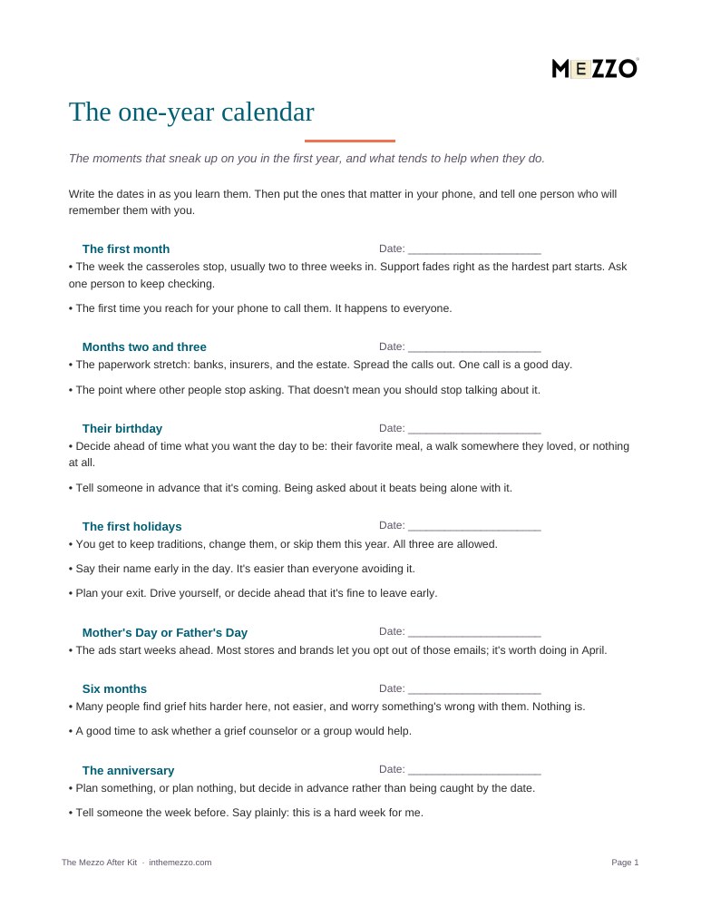 A page of the one-year calendar