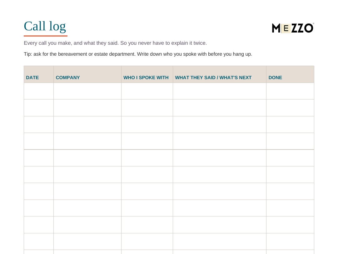 First-page preview: Call log