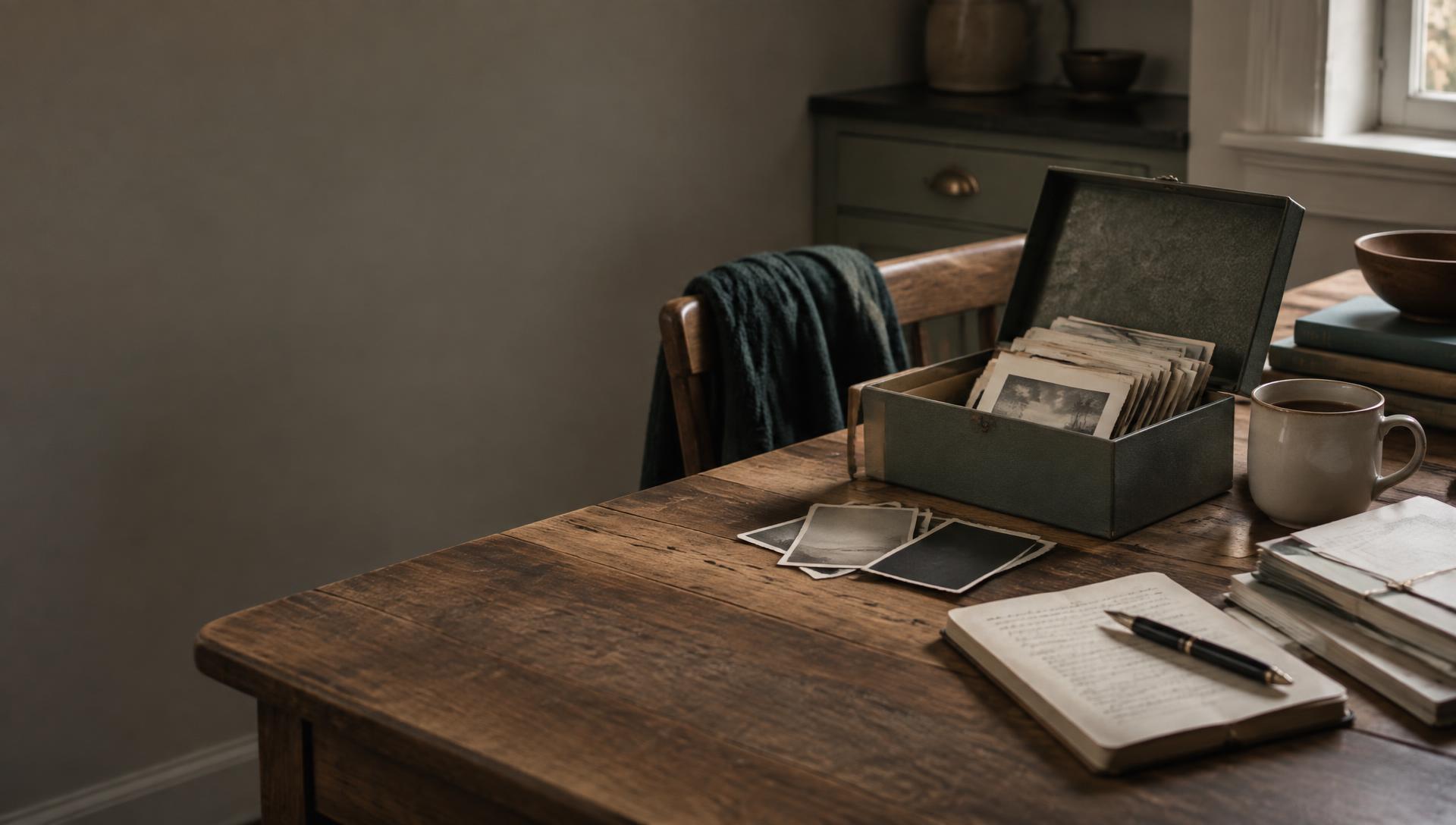 A quiet table with family papers, photographs, and a cup of tea